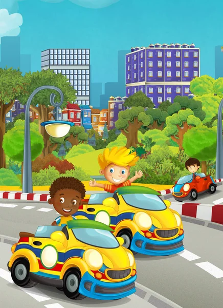 Desenhos Animados Engraçados Felizes Olhando Crianças Meninos Carros Corrida Pista — Fotografia de Stock