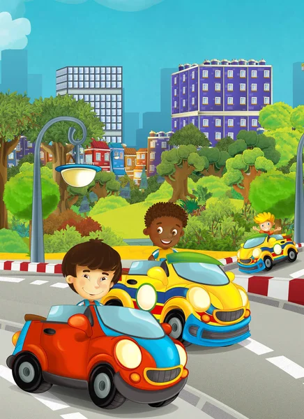 Cartoni Animati Bambini Divertenti Felici Ragazzi Auto Corsa Pista Illustrazione — Foto Stock