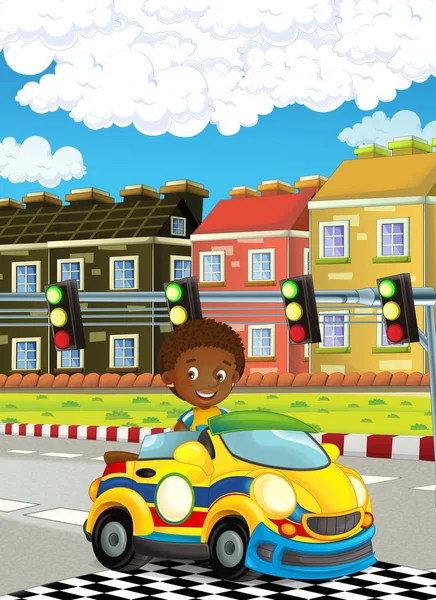 Karikatur Lustig Und Glücklich Aussehendes Kind Junge Rennwagen Auf Rennstrecke — Stockfoto