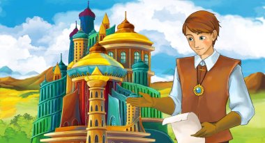 genç ve güzel prenses ayakta ve arıyorum - illüstrasyon çocuklar için castle yakınındaki ile çizgi film sahne