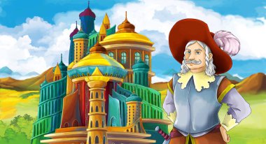 genç ve güzel prenses ayakta ve arıyorum - illüstrasyon çocuklar için castle yakınındaki ile çizgi film sahne