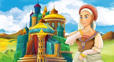 genç ve güzel prenses ayakta ve arıyorum - illüstrasyon çocuklar için castle yakınındaki ile çizgi film sahne