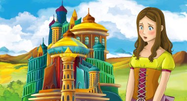 genç ve güzel prenses ayakta ve arıyorum - illüstrasyon çocuklar için castle yakınındaki ile çizgi film sahne