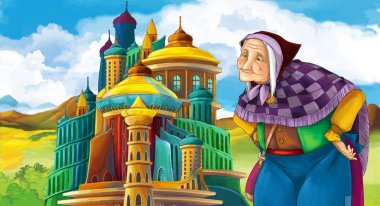 castle - çocuklar için illüstrasyon yakınındaki mutlu gülümseyen yaşlı kadın ile çizgi film sahne