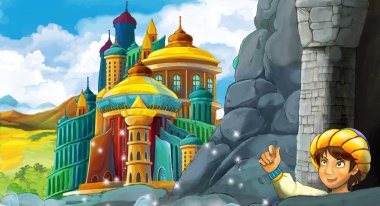 genç ve güzel prenses ayakta ve arıyorum - illüstrasyon çocuklar için castle yakınındaki ile çizgi film sahne