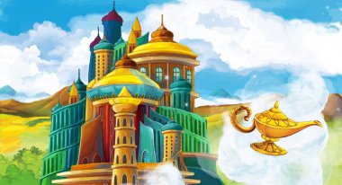 ortaçağ Arap krallığı ile karikatür sahnesi - uzak doğu süsler - sihirli lamba ile farklı kullanım için sahne - çocuklar için illüstrasyon