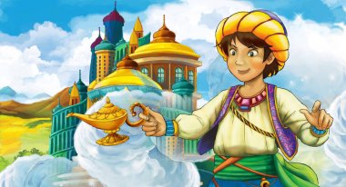 genç ve güzel prenses ayakta ve arıyorum - illüstrasyon çocuklar için castle yakınındaki ile çizgi film sahne