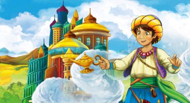 genç ve güzel prenses ayakta ve arıyorum - illüstrasyon çocuklar için castle yakınındaki ile çizgi film sahne