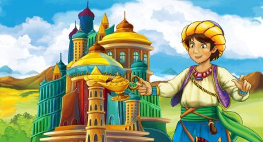 genç ve güzel prenses ayakta ve arıyorum - illüstrasyon çocuklar için castle yakınındaki ile çizgi film sahne