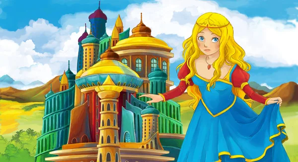 Scène Dessin Animé Avec Jeune Belle Princesse Près Château Debout — Photo