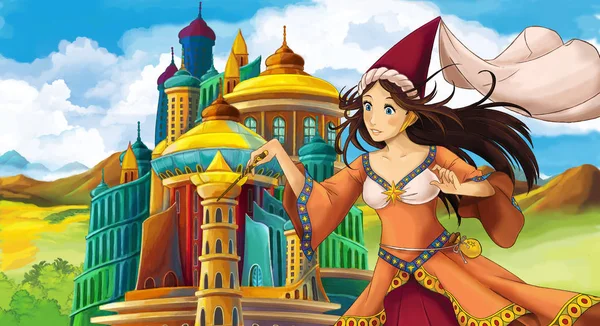cartoon scene with young and beautiful princess near the castle standing and looking - illustration for children