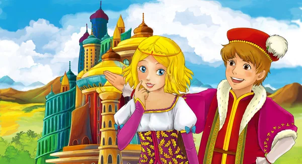 Cartoon Scene Young Prince Princess Medieval Beautiful Castle Illustration Children — Stock Photo, Image