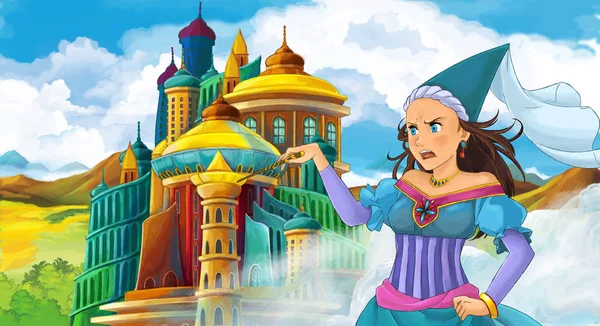 卡通场景与快乐的年轻女孩 公主女巫附近的城堡 插图儿童 — 图库照片