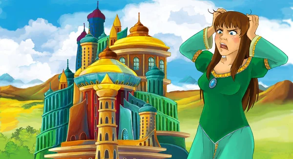 Scène Dessin Animé Avec Jeune Belle Princesse Près Château Debout — Photo