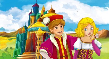 genç Prens ve Prenses Ortaçağ güzel castle - çocuklar için illüstrasyon yakınındaki ile çizgi film sahne