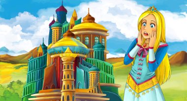 genç ve güzel prenses ayakta ve arıyorum - illüstrasyon çocuklar için castle yakınındaki ile çizgi film sahne