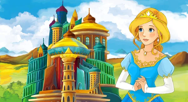 卡通场面与年轻和美丽的公主在城堡附近站立和看例证为孩子 — 图库照片