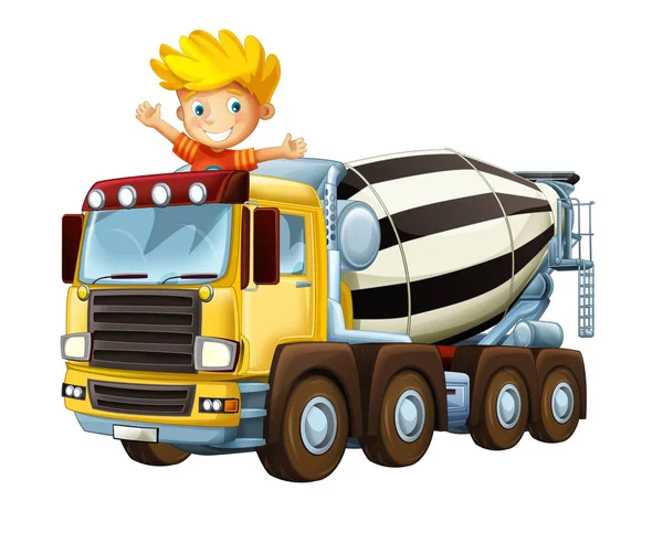 Cartoon Happy Funny Child Boy Toy Construction Site Truck White — Stock Photo, Image