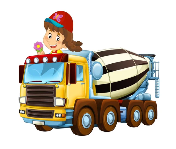 Cartoon Happy Funny Child Girl Toy Construction Site Truck White — Stock Photo, Image