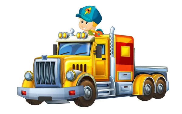 Cartoon Scene Happy Funny Child Boy Cargo Truck Trailer Illustration — Stock Photo, Image
