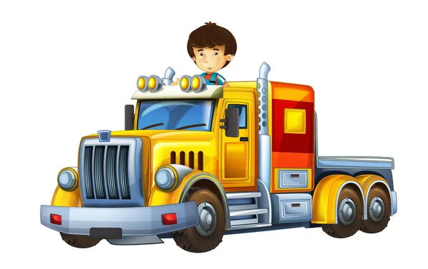 Cartoon Scene Happy Funny Child Boy Cargo Truck Trailer Illustration — Stock Photo, Image