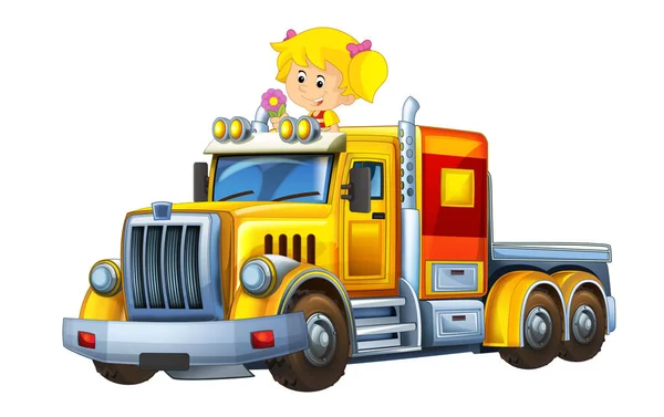 Escena Dibujos Animados Con Niño Feliz Divertido Niña Camión Carga —  Fotos de Stock