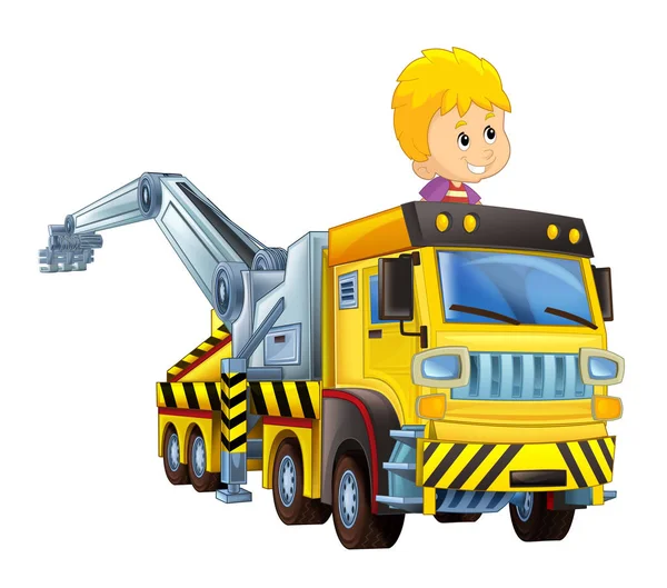 Cartoon Scne Happy Funny Child Boy Tow Truck White Background — Stock Photo, Image