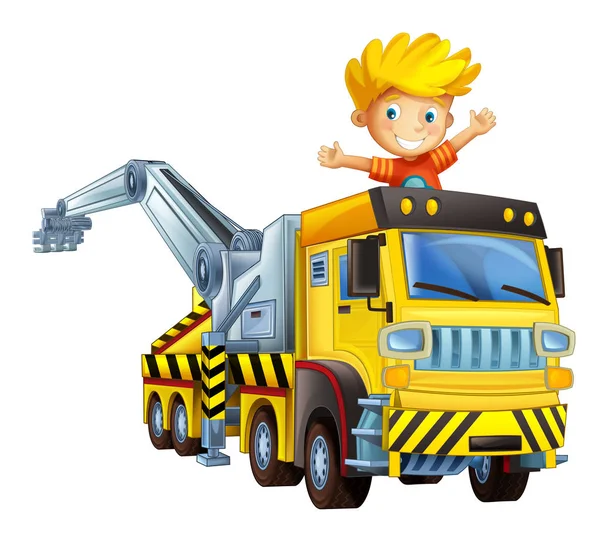 Cartoon Scne Happy Funny Child Boy Tow Truck White Background — Stock Photo, Image