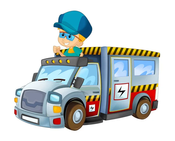 Γελοιογραφία Σκηνή Παιδί Αγόρι Στο Παιχνίδι Αυτοκινήτου Ηλεκτρικής Ενέργειας Άσπρο — Φωτογραφία Αρχείου