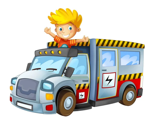 Cartoon Scene Child Boy Toy Vehicle Electricity Car White Background — Stock Photo, Image