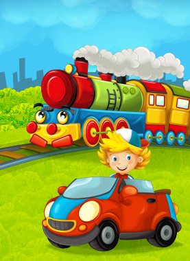 Komik görünümlü şehir ve çocuk önünde - illüstrasyon çocuklar için oyuncak araba sürüş geçmekte buharlı tren çizgi film