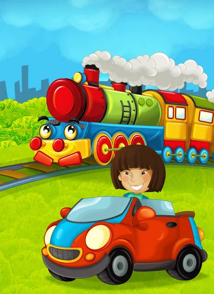 Cartoon Funny Looking Steam Train Going City Kid Driving Toy — Stock Photo, Image