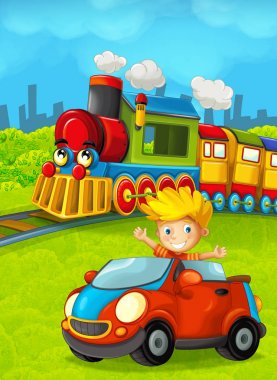 Komik görünümlü şehir ve çocuk önünde - illüstrasyon çocuklar için oyuncak araba sürüş geçmekte buharlı tren çizgi film