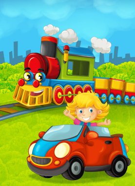 Komik görünümlü şehir ve çocuk önünde - illüstrasyon çocuklar için oyuncak araba sürüş geçmekte buharlı tren çizgi film