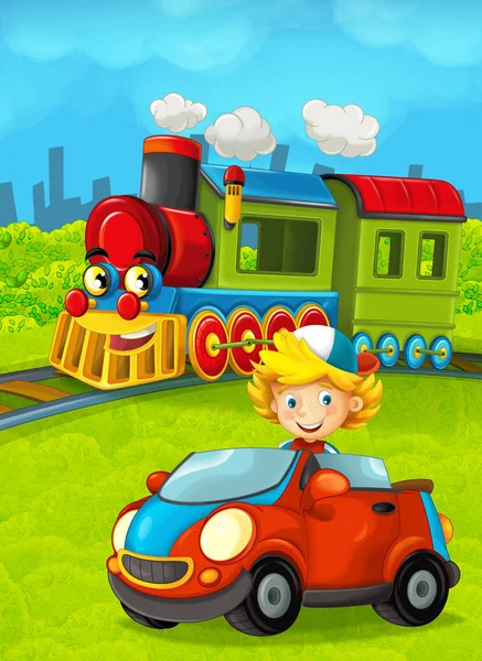 Cartoon funny looking steam train going through the city and kid driving in toy car in front of it - illustration for children