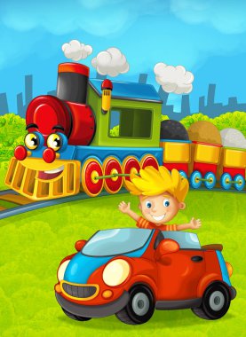 Komik görünümlü şehir ve çocuk önünde - illüstrasyon çocuklar için oyuncak araba sürüş geçmekte buharlı tren çizgi film