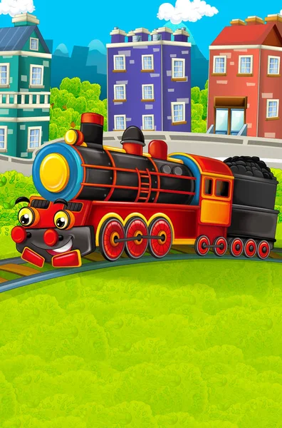 Cartoon funny looking steam train going through the city - illustration for children