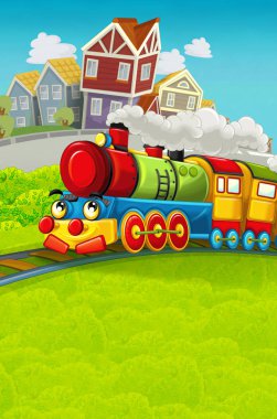 Şehir - illüstrasyon çocuklar için geçmekte komik görünümlü buharlı tren çizgi film