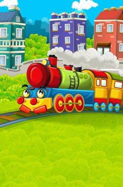 Şehir - illüstrasyon çocuklar için geçmekte komik görünümlü buharlı tren çizgi film 