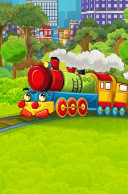 Şehir - illüstrasyon çocuklar için geçmekte komik görünümlü buharlı tren çizgi film