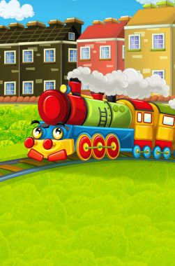 Şehir - illüstrasyon çocuklar için geçmekte komik görünümlü buharlı tren çizgi film