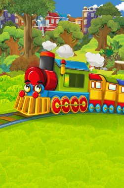 Şehir - illüstrasyon çocuklar için geçmekte komik görünümlü buharlı tren çizgi film