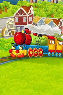 Şehir - illüstrasyon çocuklar için geçmekte komik görünümlü buharlı tren çizgi film