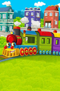 Şehir - illüstrasyon çocuklar için geçmekte komik görünümlü buharlı tren çizgi film