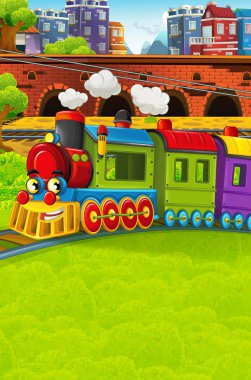 Şehir - illüstrasyon çocuklar için geçmekte komik görünümlü buharlı tren çizgi film