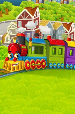 Şehir - illüstrasyon çocuklar için geçmekte komik görünümlü buharlı tren çizgi film