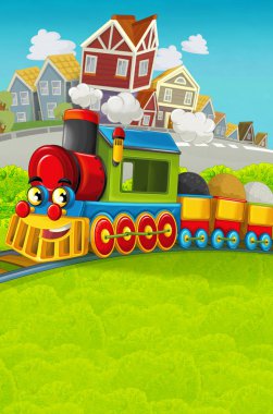 Şehir - illüstrasyon çocuklar için geçmekte komik görünümlü buharlı tren çizgi film