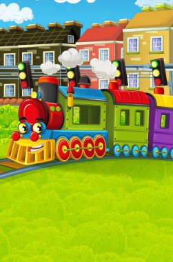 Şehir - illüstrasyon çocuklar için geçmekte komik görünümlü buharlı tren çizgi film