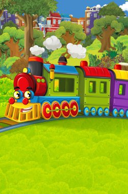 Şehir - illüstrasyon çocuklar için geçmekte komik görünümlü buharlı tren çizgi film