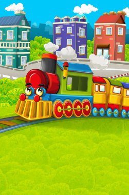 Şehir - illüstrasyon çocuklar için geçmekte komik görünümlü buharlı tren çizgi film